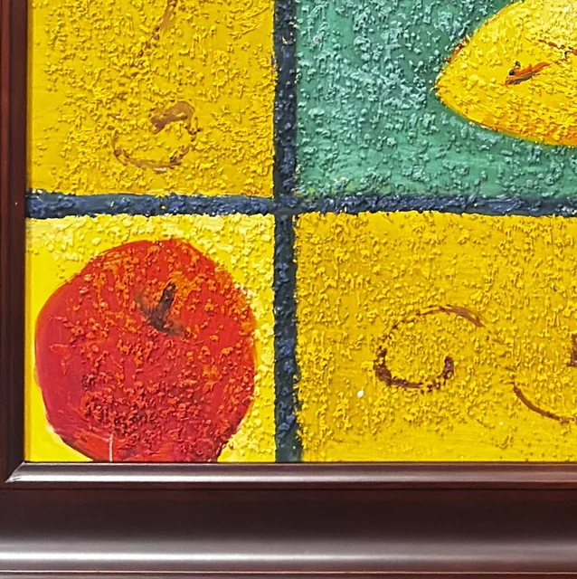 Apples And Banana In A Window Grid, Signed, Framed - detail