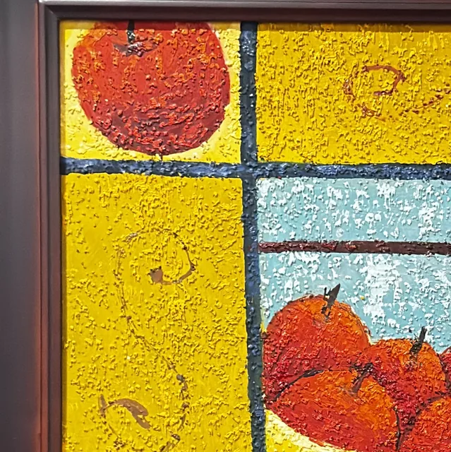 Apples And Banana In A Window Grid, Signed, Framed - detail