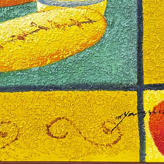 Apples And Banana In A Window Grid, Signed, Framed - detail