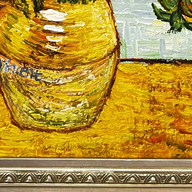 Hand-Painted Copy After Van Gogh Sunflowers, Signed, Framed - detail