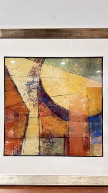 Large Abstract Composition in Ochre and Blue, Signed, Framed - detail