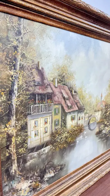 European Village by a Millstream, F. Wagner, Signed, Framed - detail
