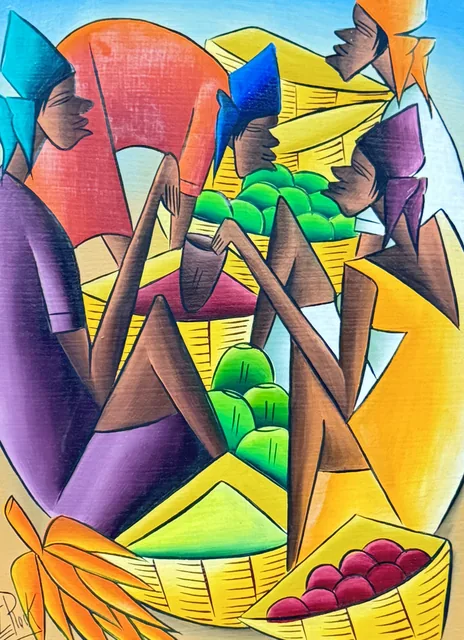 Caribbean Market Women with Baskets, Fritz Plock, Signed, Framed - detail