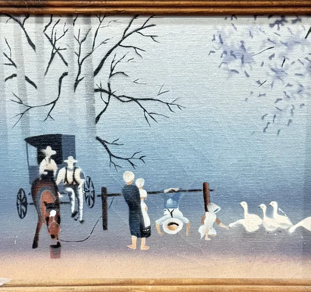 Naive Winter Scene with Buggy and Geese, Framed - detail