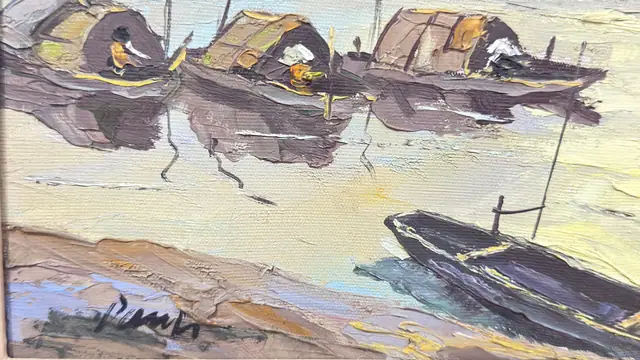 Sampans at Sunset on a Wide River, Signed, Framed - signature