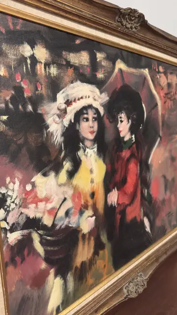 Two Ladies with Parasols and Flowers, Gerard Bernhard, Signed, Framed - detail