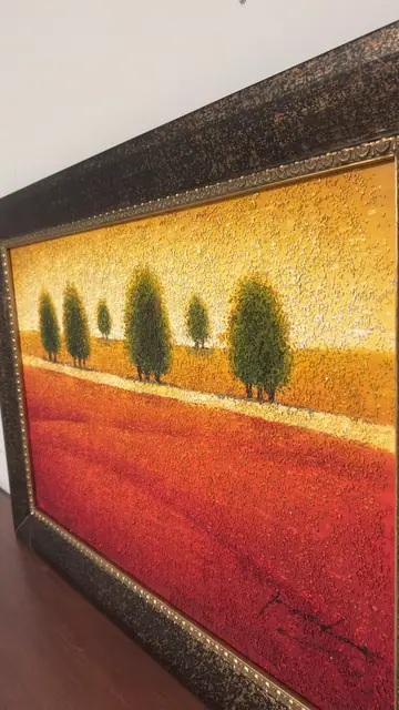 Row of Poplars Over Red Fields, Signed, Framed - detail