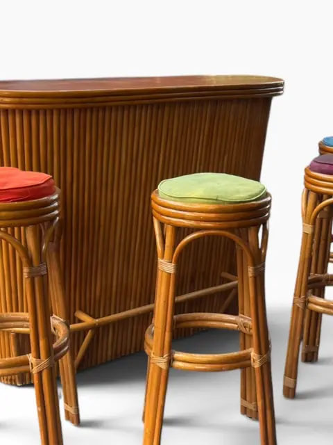 Italian Bamboo Cocktail Bar with Four Matching Stools - detail
