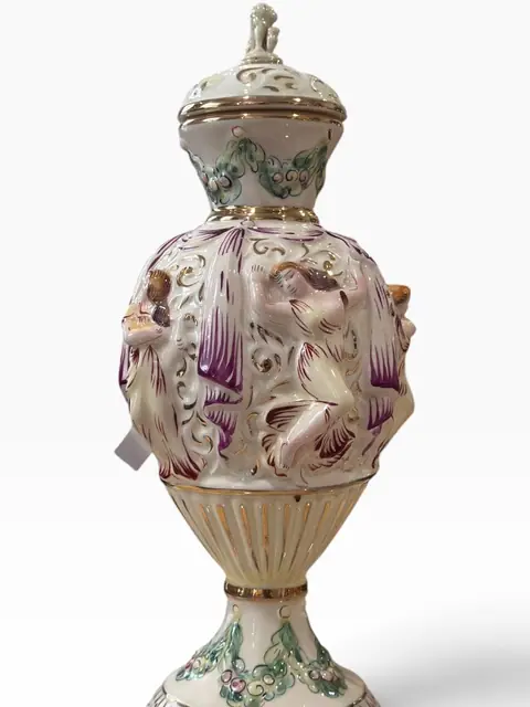 Italian Capodimonte-Style Porcelain Lidded Urn with Figural Relief Decoration - detail
