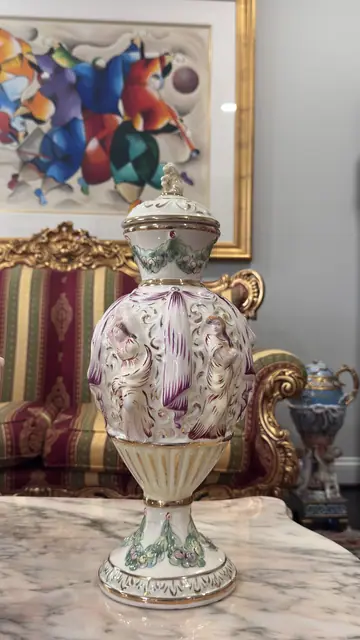 Italian Capodimonte-Style Porcelain Lidded Urn with Figural Relief Decoration - detail