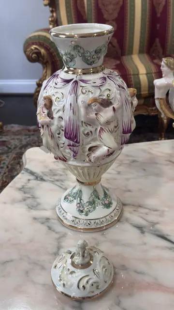 Italian Capodimonte-Style Porcelain Lidded Urn with Figural Relief Decoration - detail