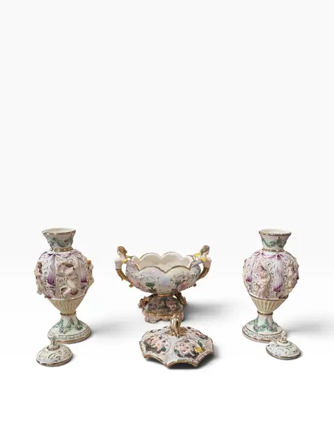 Italian Capodimonte-Style Porcelain Three-Piece Garniture Set with Figural Reliefs - detail