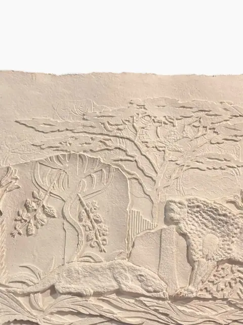 'Mayan Wall' - Handmade Paper Relief with Jaguars, Signed - detail