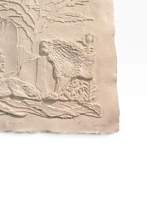 'Mayan Wall' - Handmade Paper Relief with Jaguars, Signed - detail