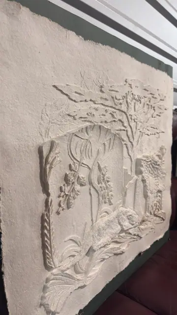 'Mayan Wall' - Handmade Paper Relief with Jaguars, Signed - detail