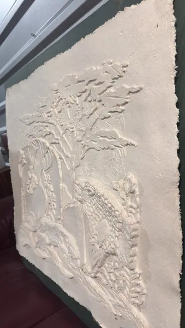 'Mayan Wall' - Handmade Paper Relief with Jaguars, Signed - detail