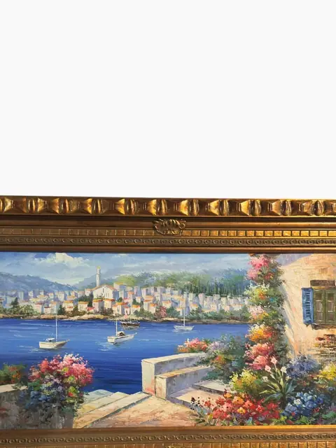 Mediterranean Harbor — Large-Format Oil in Carved Gilt Frame - detail