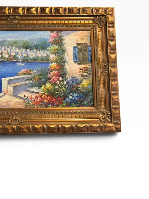 Mediterranean Harbor — Large-Format Oil in Carved Gilt Frame - detail