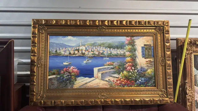Mediterranean Harbor — Large-Format Oil in Carved Gilt Frame - detail