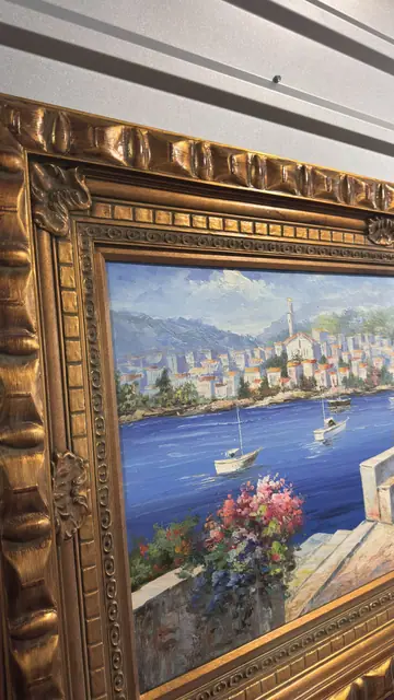 Mediterranean Harbor — Large-Format Oil in Carved Gilt Frame - detail