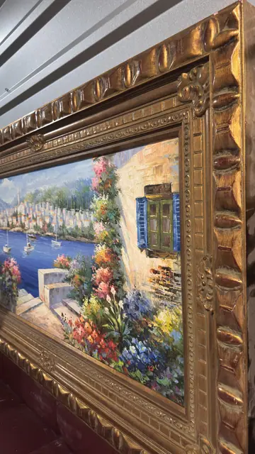 Mediterranean Harbor — Large-Format Oil in Carved Gilt Frame - detail