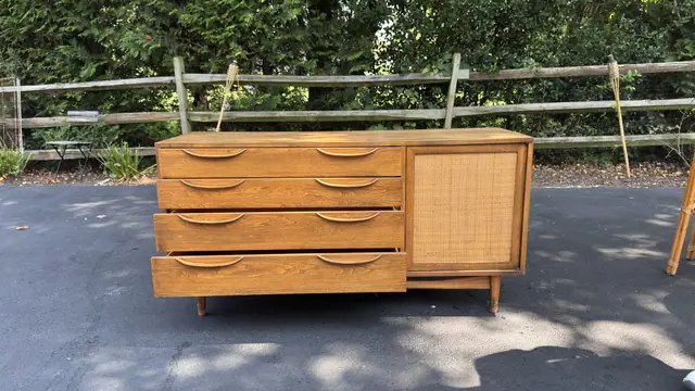 Mid-Century Walnut Sideboard with Cane-Front Cabinet - detail