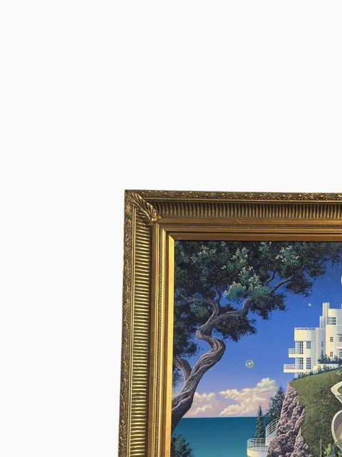 Moonlit Cliff Villa — Fantasy Nightscape in Gilt Frame - detail
