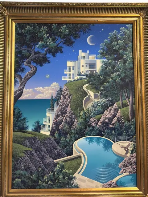 Moonlit Cliff Villa — Fantasy Nightscape in Gilt Frame - detail