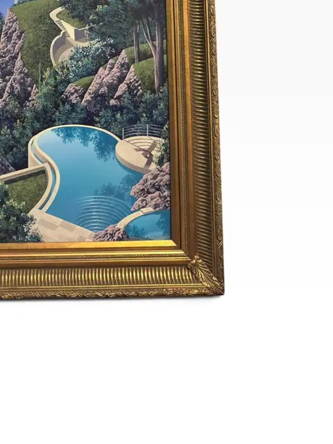 Moonlit Cliff Villa — Fantasy Nightscape in Gilt Frame - detail