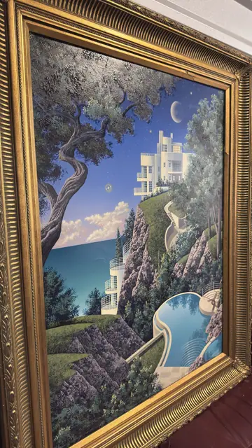 Moonlit Cliff Villa — Fantasy Nightscape in Gilt Frame - detail
