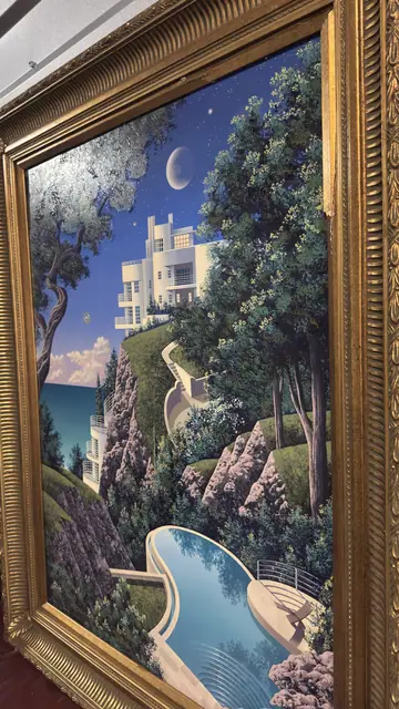 Moonlit Cliff Villa — Fantasy Nightscape in Gilt Frame - detail