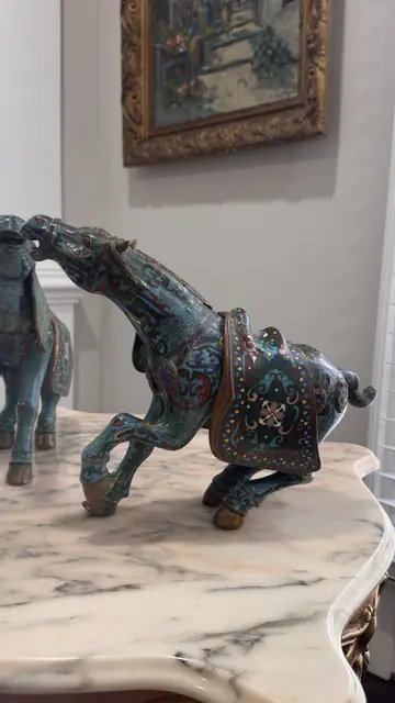 Pair of Chinese Cloisonné Enamel Tang-Style Horses - detail