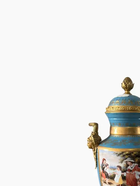 Pair of French Sèvres-Style Bleu Céleste Porcelain Lidded Urns with Hand-Painted Genre Scenes - detail