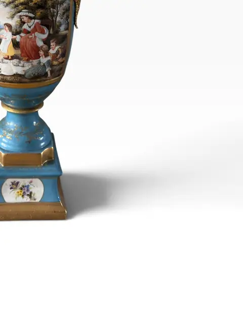 Pair of French Sèvres-Style Bleu Céleste Porcelain Lidded Urns with Hand-Painted Genre Scenes - detail