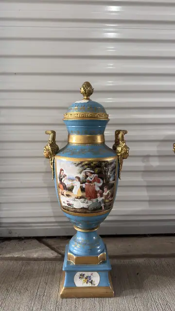 Pair of French Sèvres-Style Bleu Céleste Porcelain Lidded Urns with Hand-Painted Genre Scenes - detail