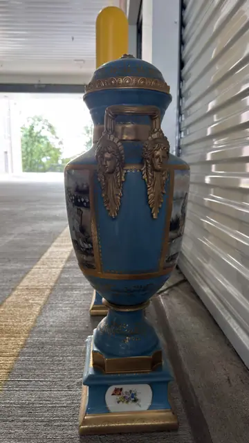 Pair of French Sèvres-Style Bleu Céleste Porcelain Lidded Urns with Hand-Painted Genre Scenes - detail