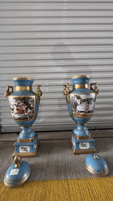 Pair of French Sèvres-Style Bleu Céleste Porcelain Lidded Urns with Hand-Painted Genre Scenes - detail