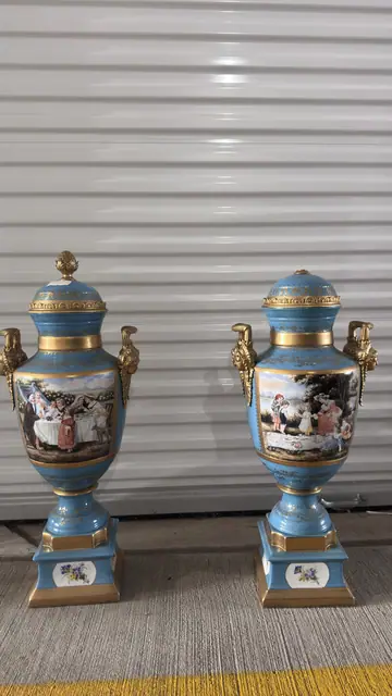 Pair of French Sèvres-Style Bleu Céleste Porcelain Lidded Urns with Hand-Painted Genre Scenes - detail