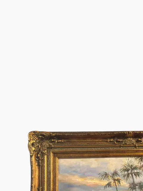 Palms at Sunset — Impressionist Coastal Oil, Gilt Frame - detail