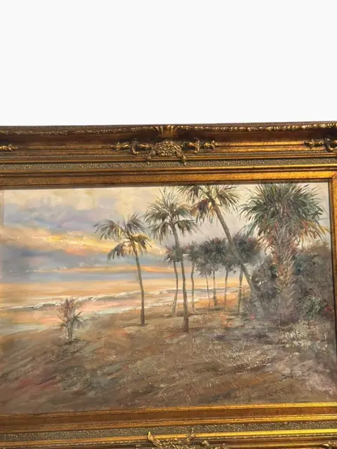 Palms at Sunset — Impressionist Coastal Oil, Gilt Frame - detail