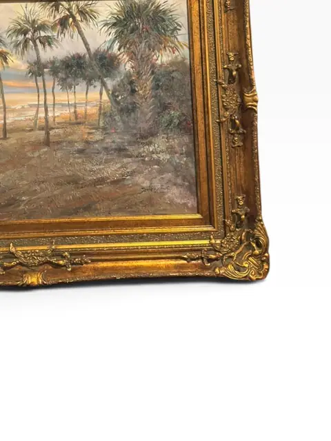 Palms at Sunset — Impressionist Coastal Oil, Gilt Frame - detail