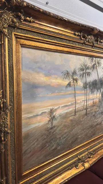 Palms at Sunset — Impressionist Coastal Oil, Gilt Frame - detail