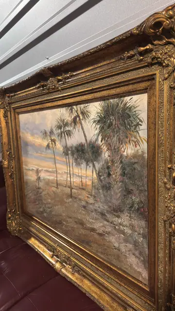 Palms at Sunset — Impressionist Coastal Oil, Gilt Frame - detail