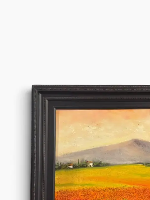 Poppy Fields Beneath the Mountain - Signed Oil on Canvas, Framed - detail