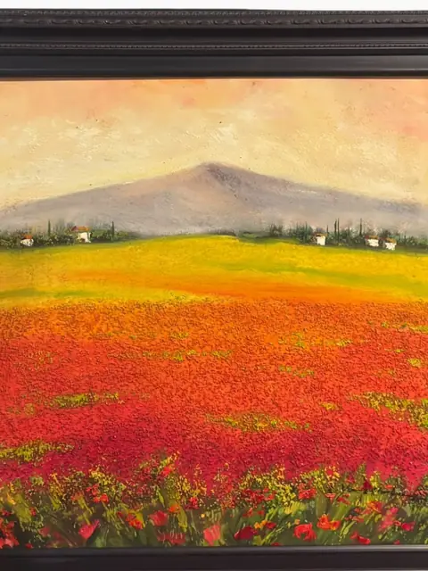 Poppy Fields Beneath the Mountain - Signed Oil on Canvas, Framed - detail