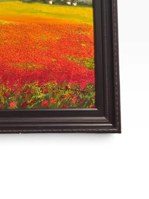Poppy Fields Beneath the Mountain - Signed Oil on Canvas, Framed - detail