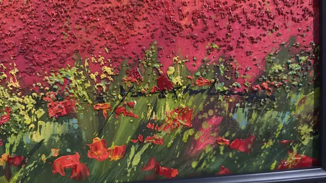 Poppy Fields Beneath the Mountain - Signed Oil on Canvas, Framed - detail