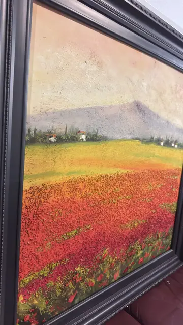 Poppy Fields Beneath the Mountain - Signed Oil on Canvas, Framed - detail