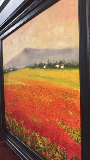 Poppy Fields Beneath the Mountain - Signed Oil on Canvas, Framed - detail