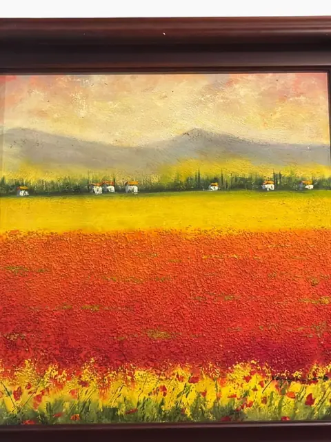 Poppy Meadow Sunset — Oil on Canvas, Signed - detail